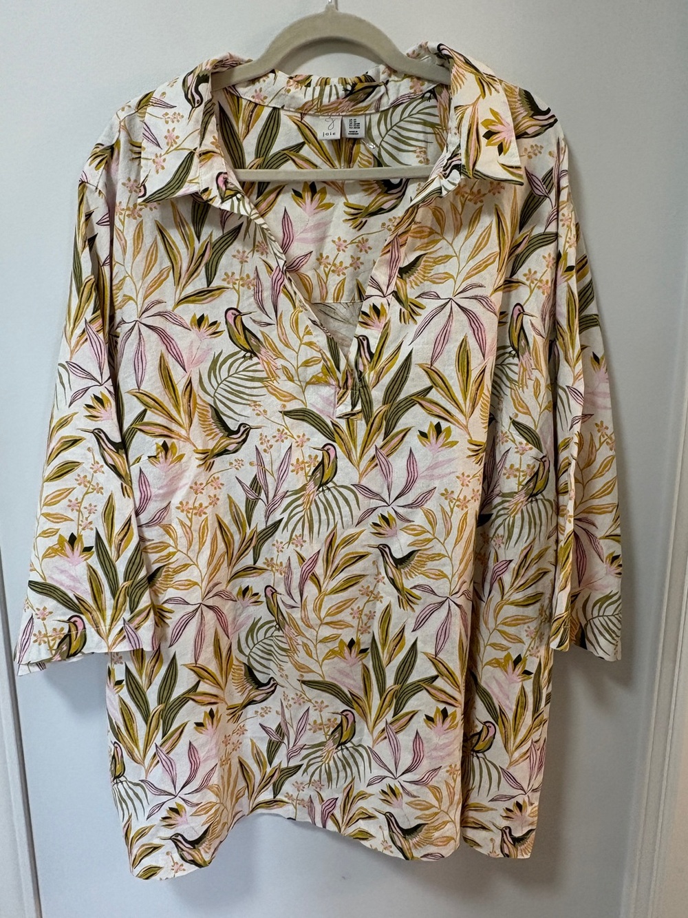 Joie Blouse Plus Size 3X Linen Rayon Blend Hummingbird Tropical Collar Pop Over
